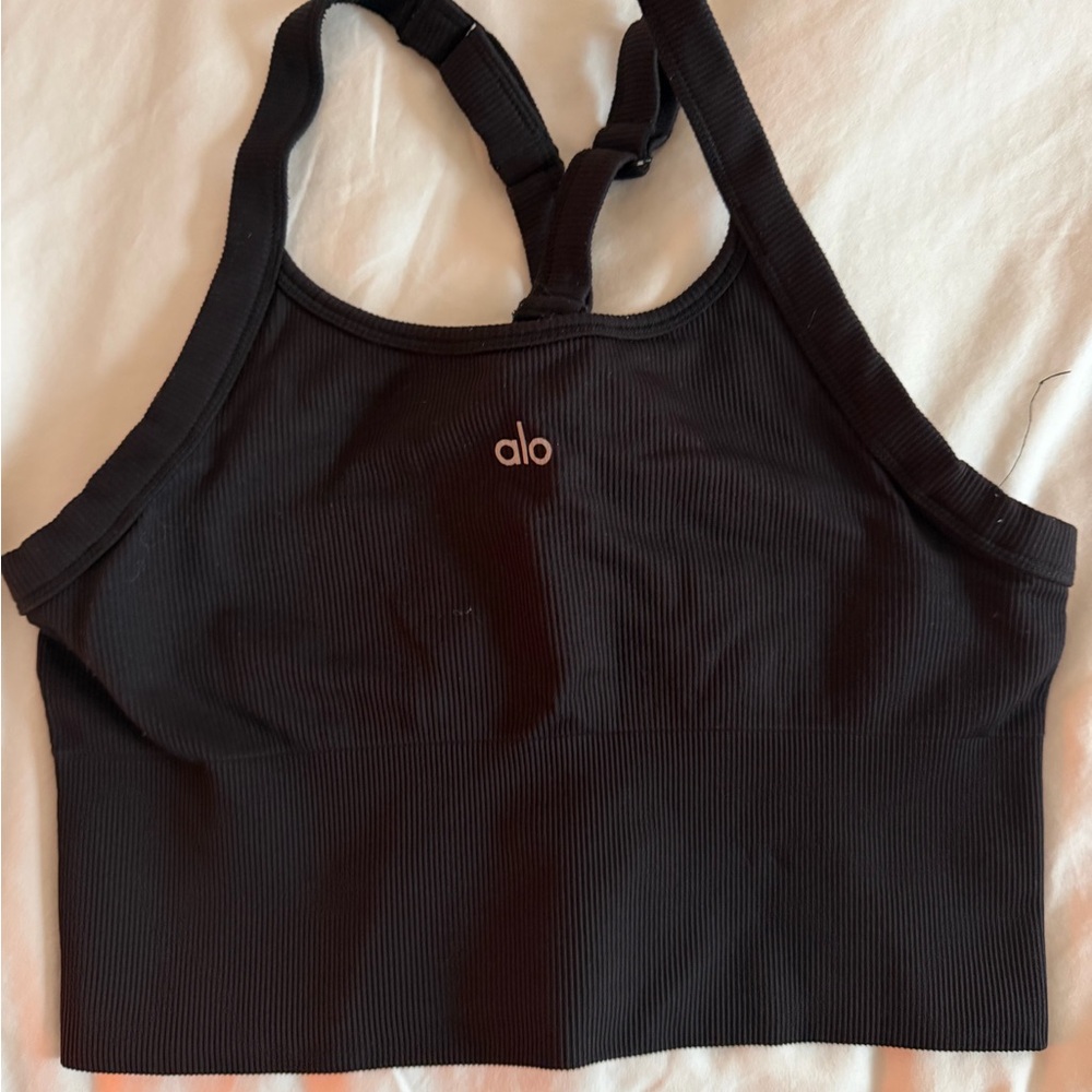 ALO Yoga Black Ribbed High-Neck Sports Bralette